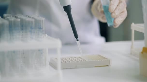 A placa está a ficar cheia de amostras químicas. Epidemia por vírus, conceito de vacina viral . — Vídeo de Stock