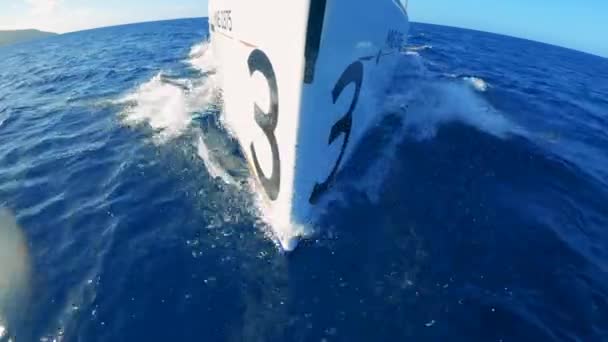 Front view of a yacht crossing blue ocean waters — Stock Video