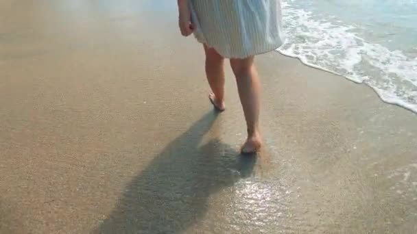 Praia de areia com uma senhora caminhando ao longo dela — Vídeo de Stock