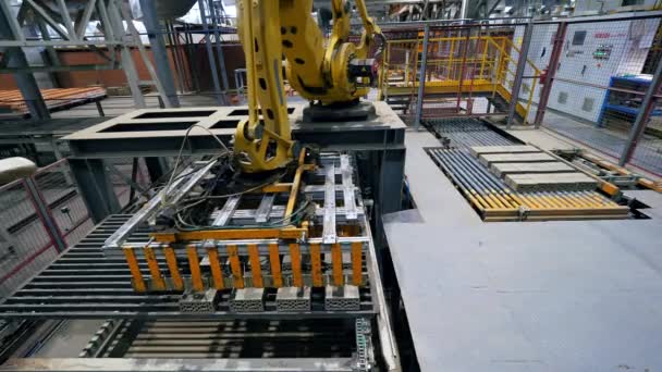 Автоматизированная рука перевозит кирпичи на заводе — стоковое видео