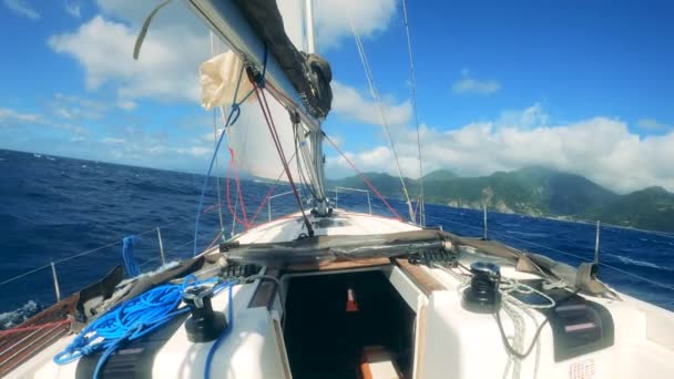 First-person view from a yacht floating towards the coast — ストック動画