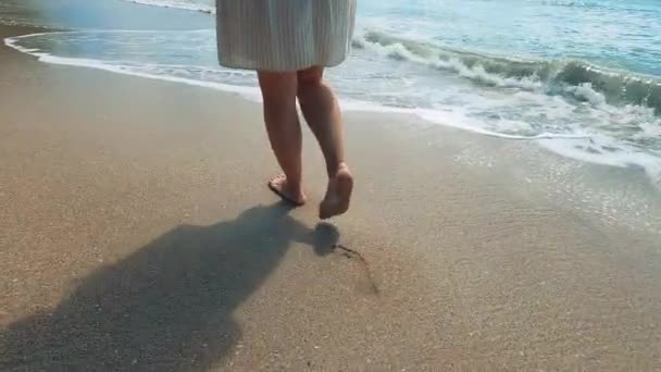 Песчаный берег и босоногая женщина, идущая по нему — стоковое видео