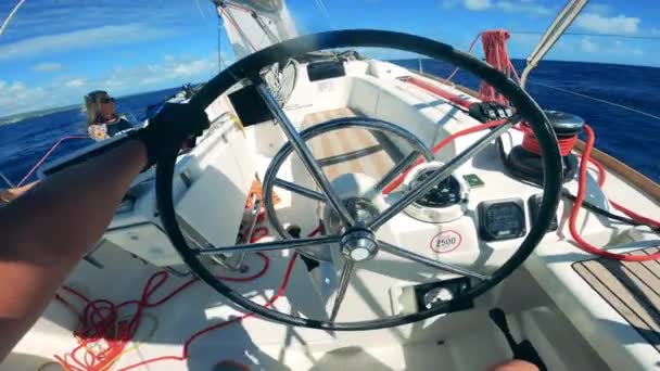 Manual navigation of a boats wheel in first-person view — Stock Video