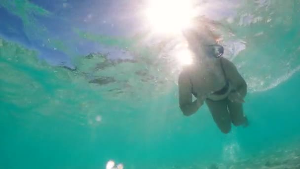 Úszó hölgyet filmeznek a víz alatti napfényben. — Stock videók