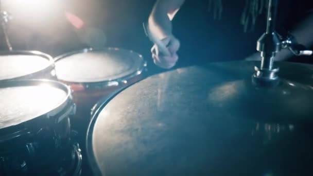 Close up of a cymbal and drumsticks hitting it — Stock Video