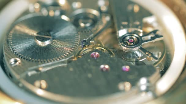 Metal cogwheels functioning in a clockwork mechanism — Stock Video