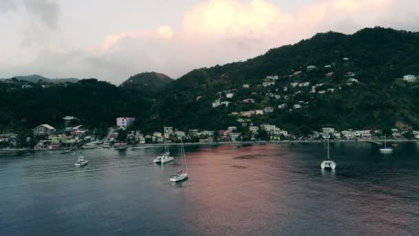 Bord de mer d'une station balnéaire avec des bateaux et beaucoup de plantes — Video