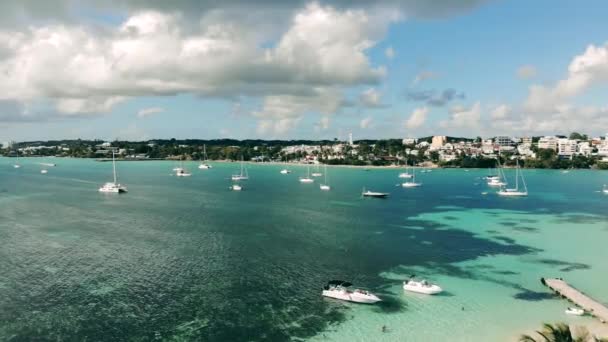 Jachten en boten in turquoise wateren bij de kust — Stockvideo