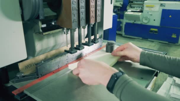Tipografi işçisi kağıt üzerinde delikler açmak için bir makine kullanıyor — Stok video