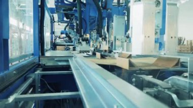 Cardboard boxes are being shaped by the factory conveyor