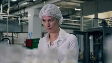 Kadın uzman, taşıyıcıdaki süt şişelerini inceliyor.