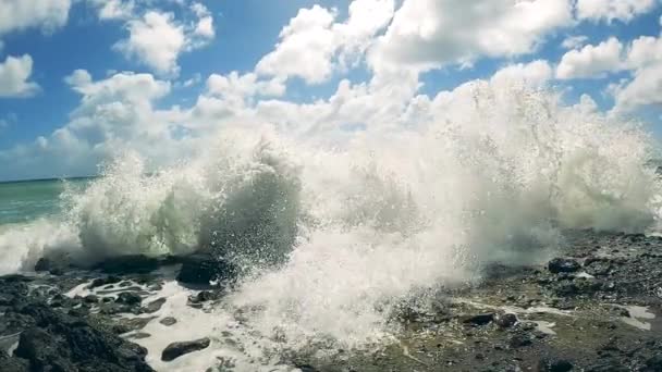 Медленное движение морских волн, падающих вдоль побережья — стоковое видео