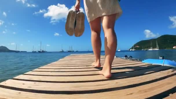 Fille marche sur un quai près de la mer . — Video