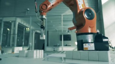 Robot kol modern laboratuvarda küçük nesneler taşıyor. Endüstriyel robot manipülatörü küplerle çalışır.