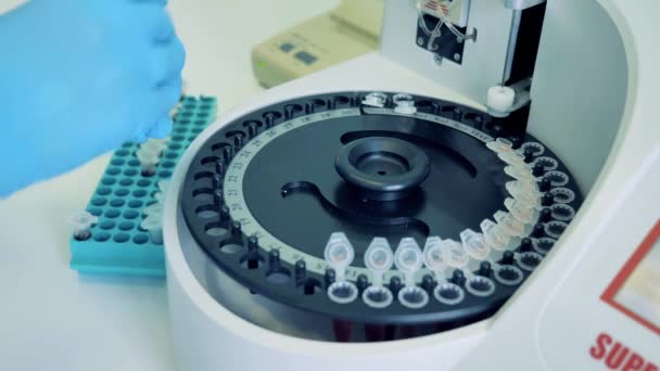Trabajador de laboratorio está insertando sondas en una centrifugadora. Concepto de análisis de Coronavirus 2019-nCoV . — Vídeos de Stock