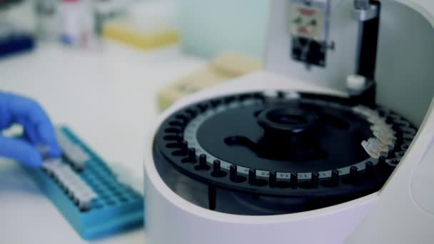 Coronavirus, laboratorietest. Små provrör laddas in i en centrifugeringsanordning — Stockvideo