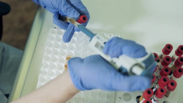 Biyolojik sıvılar test tüplerine dökülüyor. Coronavirus, covid-19 laboratuvar testi.. — Stok video