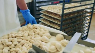 Fabrika işçisi konveyörden düşen hamur köftelerini yerleştiriyor.
