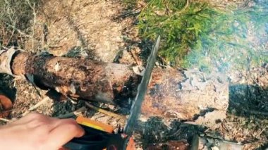 Devrilen ağaç parçalara ayrılıyor.