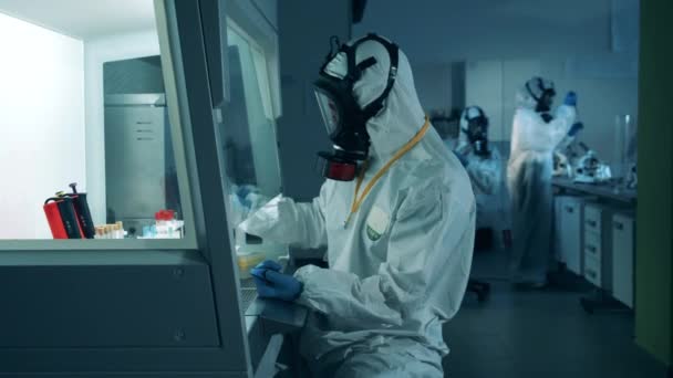 Muchas personas en materiales peligrosos trabajan en laboratorio, investigando muestras de coronavirus . — Vídeos de Stock