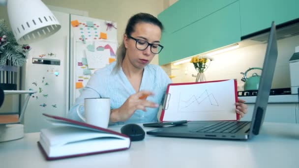 Junge Frau spricht per Laptop, während sie von zu Hause aus arbeitet.Fernstudium Konzept, Online-Bildung. — Stockvideo