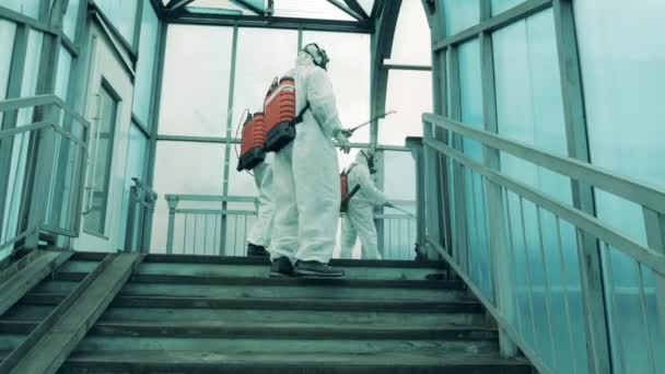 Desinfectores pulverizan paso elevado peatonal para matar virus . — Vídeos de Stock