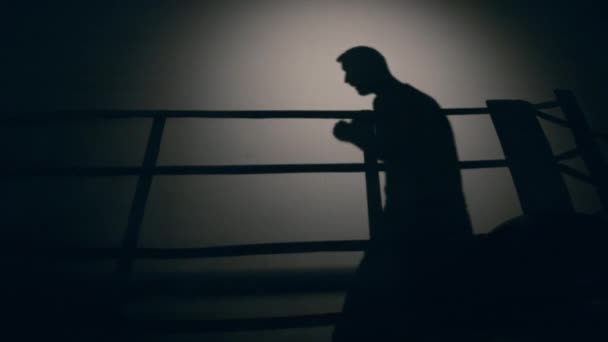 Shadow of a man boxing on a ring in the dark — Stock Video