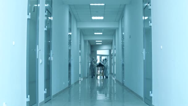 O grupo de médicos está a levar um paciente pelo corredor da clínica. — Vídeo de Stock
