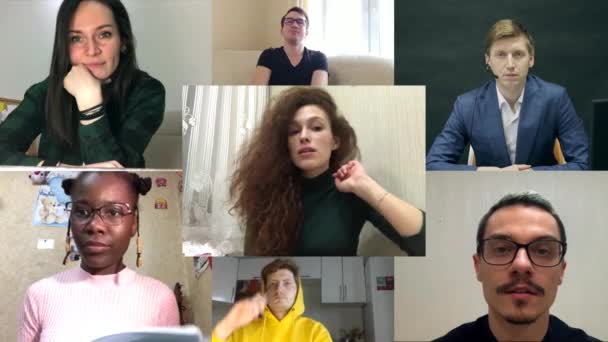 Megosztott képernyő egy online találkozó során. Online találkozó, online konferencia, videoklip a covid-19 lezárása alatt. — Stock videók