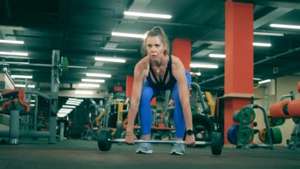 Frau trainiert mit Langhantel im Fitnessstudio. — Stockvideo