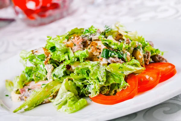 Warmer Salat mit Rindfleisch, Tomaten und Salatblättern auf weißem Teller — Stockfoto