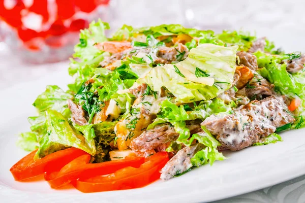 Теплый салат с говядиной, помидорами и листьями салата на белой тарелке — стоковое фото