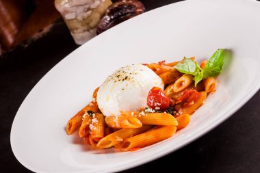 Penne güneş ile kurutulmuş domates ve buffalo mozzarella peyniri beyaz plaka üzerinde