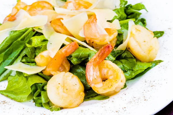 Salad Shrimps Scallops Cheese Spinach White Plate — Stock Photo, Image