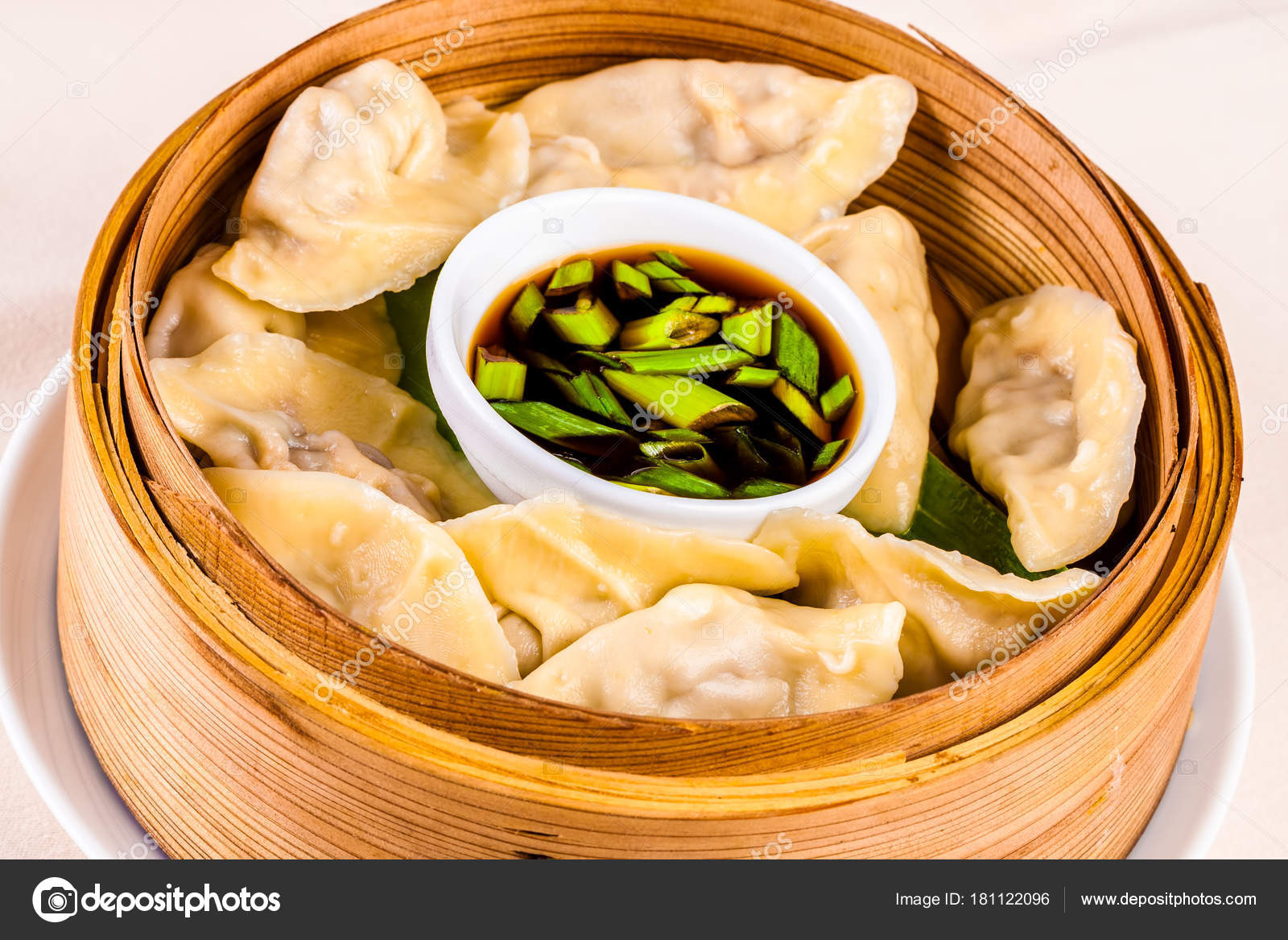 Steamed Japanese Dumplings Gyoza Bamboo Steamer Soy Sauce Stock Photo