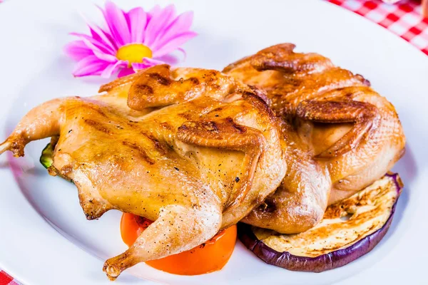 Two Grilled Quail Vegetables White Plate — Stock Photo, Image