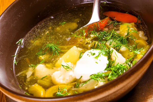 Suppe Mit Verschiedenen Gemüsen Und Saurer Sahne Nahaufnahme — Stockfoto