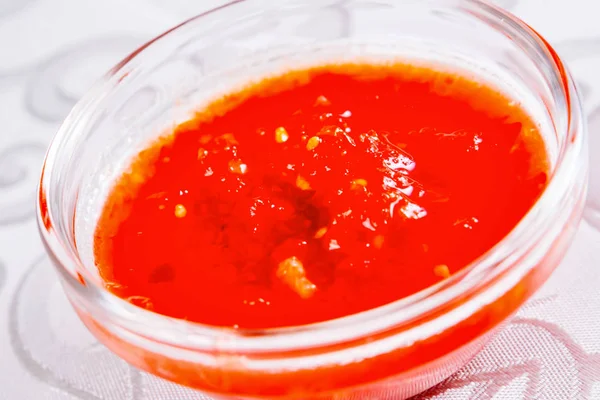 Adjika Hausgemachte Sauce Aus Frischen Tomaten Paprika Und Gewürzen Einer — Stockfoto