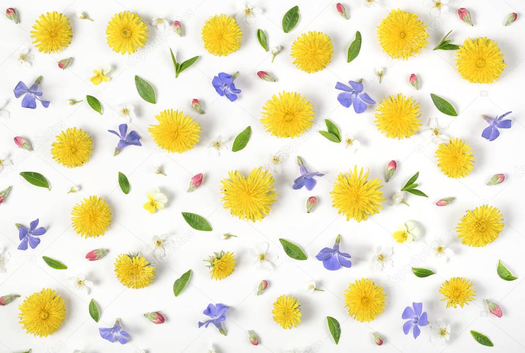 Floral pattern made of yellow dandelion, lilac flowers, pink buds and green leaves isolated on white background. Flat lay. Top view.