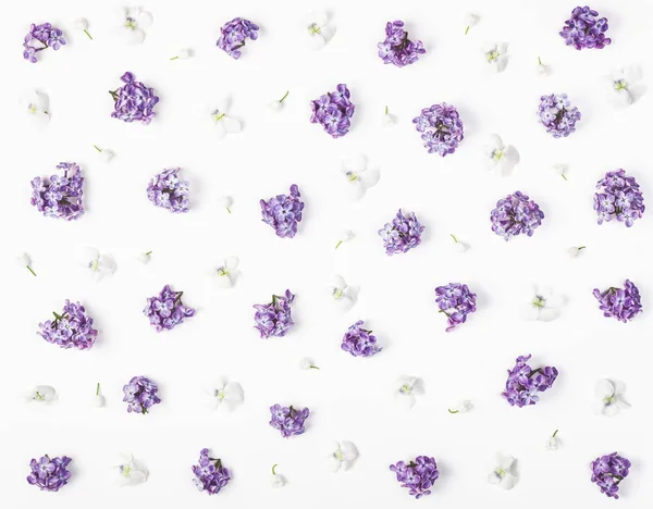 花图案由春天紫罗兰色丁香 花和百合的谷在白色背景隔绝 顶部视图 — 图库照片