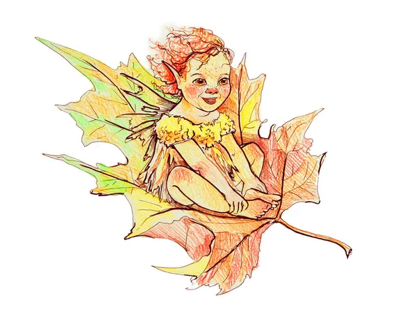 A little autumn fairy is riding on a falling yellowed leaf. — Stock Photo, Image