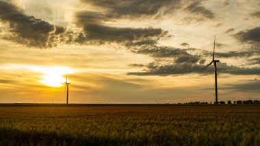 Rüzgar jeneratörü gün batımında çim tarlasında
