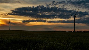 Rüzgar jeneratörü gün batımında çim tarlasında