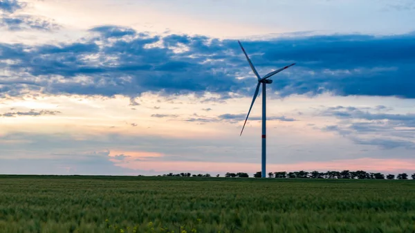 夕阳西下的草场风力发电机 — 图库照片
