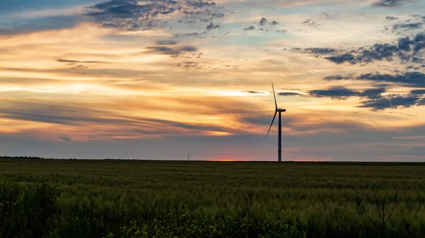 夕阳西下的草场风力发电机 — 图库照片