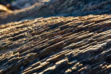 Doğa üzerindeki güneş ışığı altında düz olmayan bir taşın dokusu. Yatay oryantasyon. Yüksek kalite fotoğraf