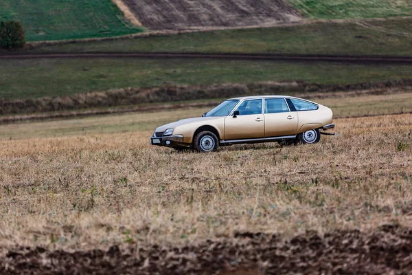 Une Voiture Beige Dresse Dans Champ Sur Fond Autres Champs — Photo