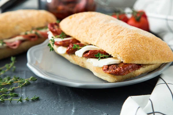 Sortierte Sandwiches. Sandwich Caprese mit Mozzarella und Sonnencreme — Stockfoto