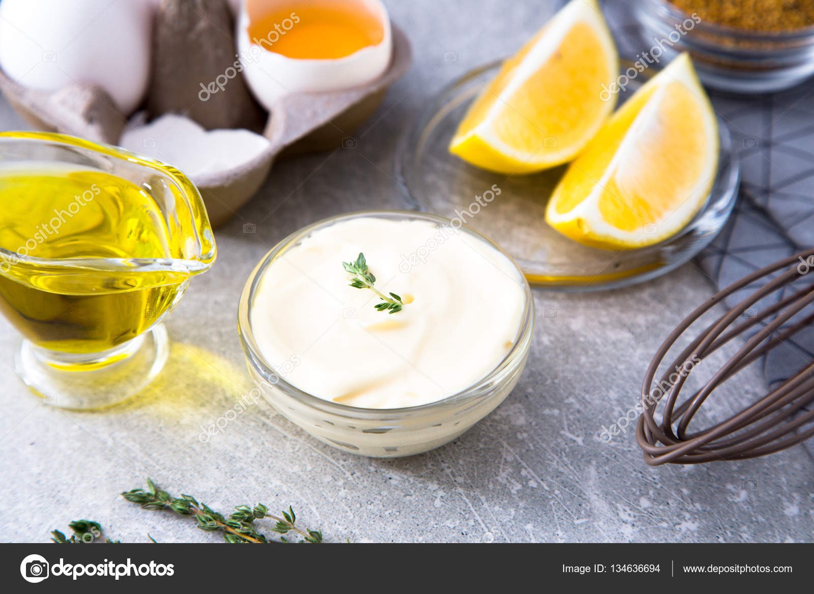 Fresh homemade white sauce Mayonnaise and ingredients Stock Photo by ©g