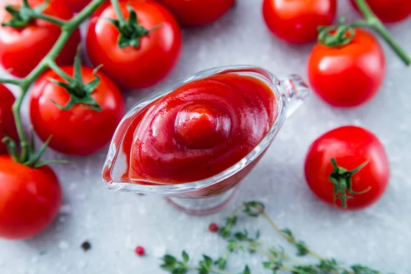 Ketchup tomatensaus met knoflook, specerijen en kruiden — Stockfoto